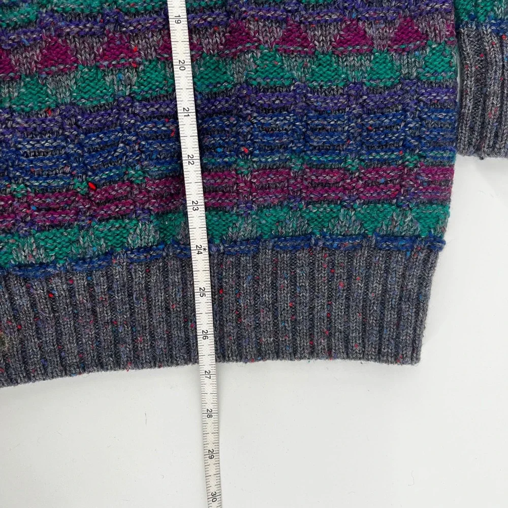 Vintage Wool Knit Sweater Oversized Striped Geometric Crew Neck Teal Purple M/L
